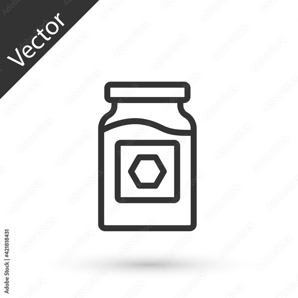 Grey line Jar of honey icon isolated on white background. Food bank. Sweet natural food symbol. Vector Grey line Jar of honey icon isolated on white background. Food bank. Sweet natural food symbol. Vector