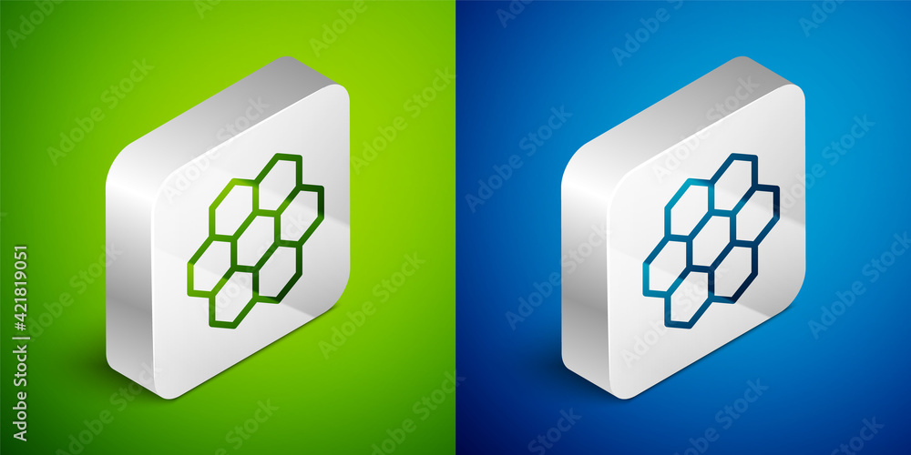 Isometric line Honeycomb icon isolated on green and blue background. Honey cells symbol. Sweet natural food. Silver square button. Vector Isometric line Honeycomb icon isolated on green and blue background. Honey cells symbol. Sweet natural food. Silver square button. Vector