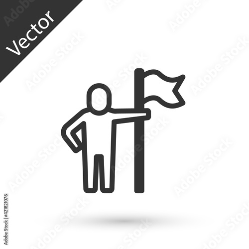 Grey line Man holding flag icon isolated on white background. Victory, winning and conquer adversity concept. Vector