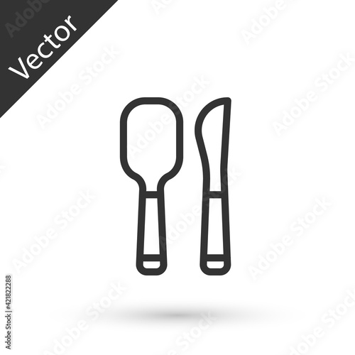 Grey line Knife and spoon icon isolated on white background. Cooking utensil. Cutlery sign. Vector