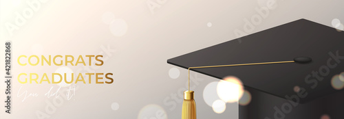 Banner for design of graduation. Realistic graduation cap on background with effect bokeh. Congratulations graduates. Vector illustration for degree ceremony design.