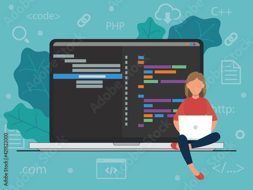 Flat illustration on the topic of programming. Girl programmer writes a code with a laptop. A page with php code is open on the laptop.
