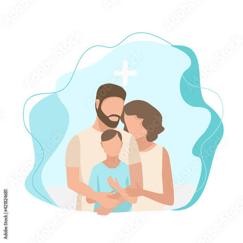 Vector illustration of a married couple gently and caringly hugs their sick little child in the hospital on a modern abstract background. Family day, loving parents, support and care for the family.
