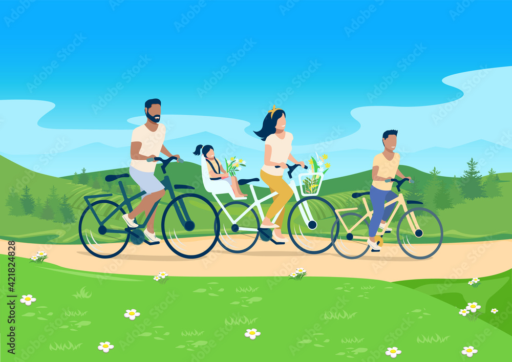 Vector illustration of a happy family riding bicycles on the background of a beautiful landscape. Mom, dad and children have a happy and fun holiday together. Family day. Vector illustration of a happy family riding bicycles on the background of a beautiful landscape. Mom, dad and children have a happy and fun holiday together. Family day.