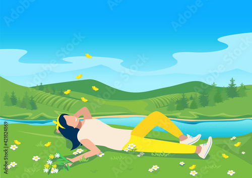 Vector illustration of a happy young girl lies on the grass and looks at the yellow butterflies against the backdrop of a beautiful landscape with a river and mountains. Summer rest