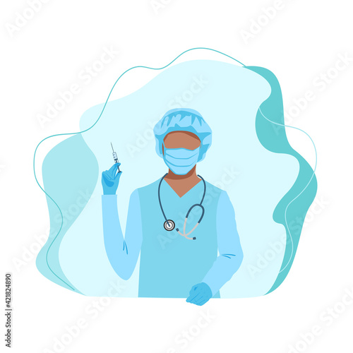 A nurse in a medical mask and with a syringe in hand is ready to do vaccination vector illustration on an abstract modern background. Thanks to doctors and nurses for saving lives.