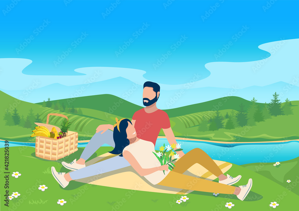 Vector illustration of a happy couple on a picnic lie on a blanket next to a basket with groceries on the background of a beautiful landscape. A young girl and a young man have a happy and fun rest to