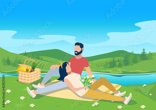 Vector illustration of a happy couple on a picnic lie on a blanket next to a basket with groceries on the background of a beautiful landscape. A young girl and a young man have a happy and fun rest to