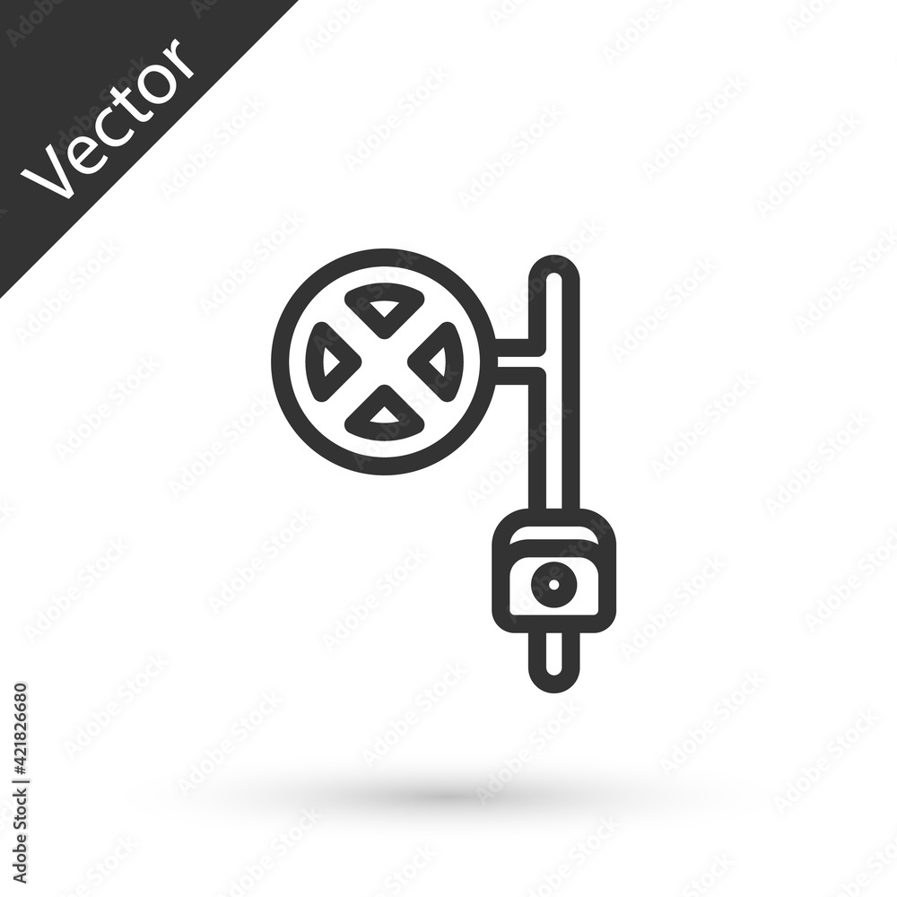 Grey line Stop sign with camera icon isolated on white background. Traffic regulatory warning stop symbol. Vector