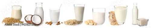 фотографія Different vegan milks on white background