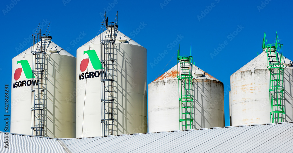 Illinois, USA, October 2020 Rows of tanks filled with anhydrous