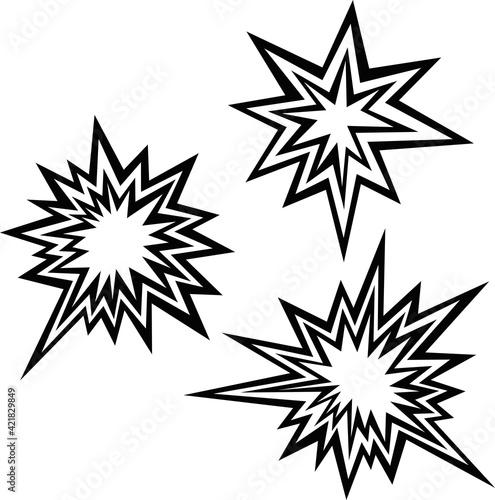 Vector illustration of emoticons of explosive collisions in black and white