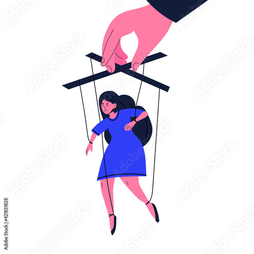 The man manipulates and abuses the relationship with the woman. Manipulation by a man's hand. An unhealthy toxic relationship in a couple. Flat cartoon character isolated on white background. Vector 