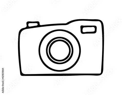 Camera, photo equipment. Digital technology. Vector illustration hand drawn in outline doodle style. Isolate on white background.