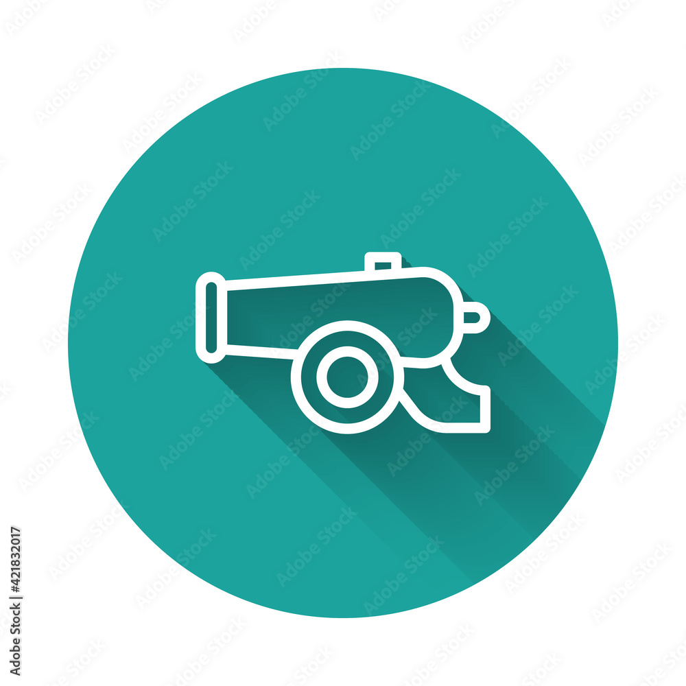 White line Ramadan cannon icon isolated with long shadow background. Green circle button. Vector White line Ramadan cannon icon isolated with long shadow background. Green circle button. Vector