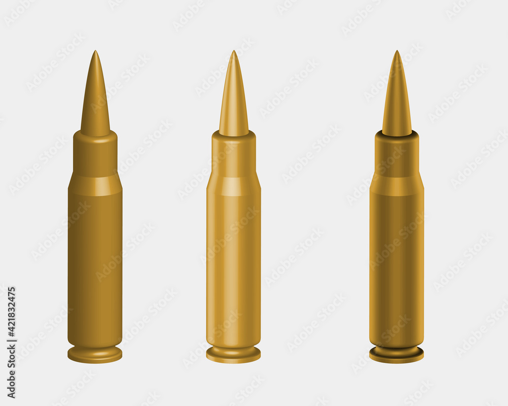 Golden Realistic 3d Bullets Vector Set Isolated on White Golden Realistic 3d Bullets Vector Set Isolated on White