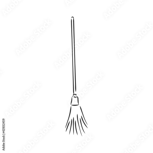 Black outline vector broom on white background.