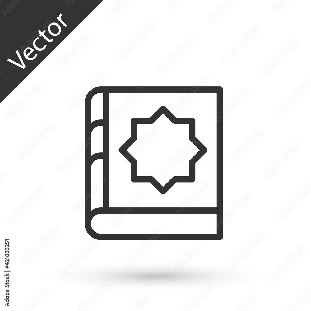 Grey line Holy book of Koran icon isolated on white background. Muslim holiday, Eid Mubarak, Eid al-fitr, Ramadan Kareem. Vector Grey line Holy book of Koran icon isolated on white background. Muslim holiday, Eid Mubarak, Eid al-fitr, Ramadan Kareem. Vector