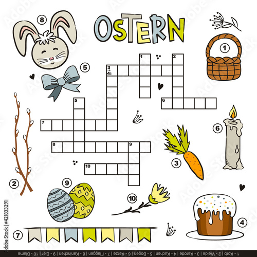 German Easter crossword for kids. Childrens festive game with cartoon elements. Rabbit, painted eggs, basket, cake, willow, candle. Vector illustration. Translation: Easter