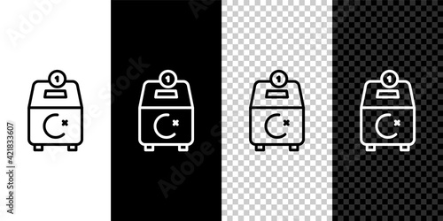 Set line Donate or pay your zakat as muslim obligatory icon isolated on black and white, transparent background. Muslim charity or alms in ramadan kareem before eid al-fir. Vector