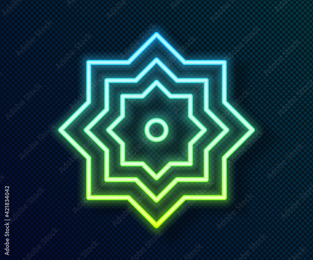 Glowing neon line Islamic octagonal star ornament icon isolated on black background. Vector