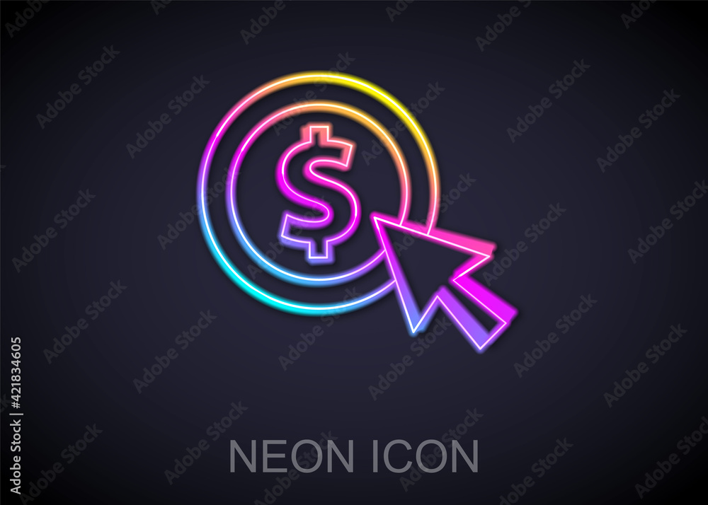 Fototapeta premium Glowing neon line Coin money with dollar symbol icon isolated on black background. Banking currency sign. Cash symbol. Vector