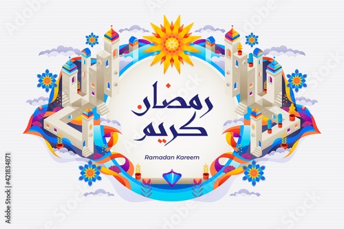 Ramadan kareem background with festive illustrations, with the theme of the mosque building with domes and colorful fantasy plants.
