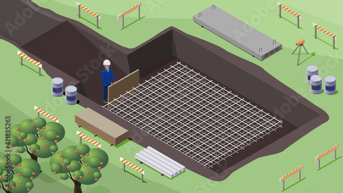 Construction site. formwork assembly in structures. reinforcement cages installation