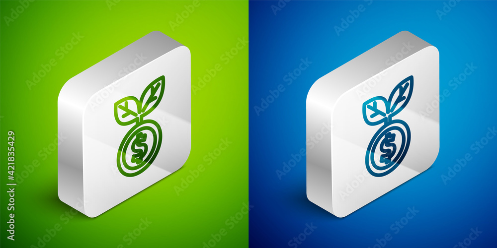 Isometric line Dollar plant icon isolated on green and blue background. Business investment growth concept. Money savings and investment. Silver square button. Vector Isometric line Dollar plant icon isolated on green and blue background. Business investment growth concept. Money savings and investment. Silver square button. Vector