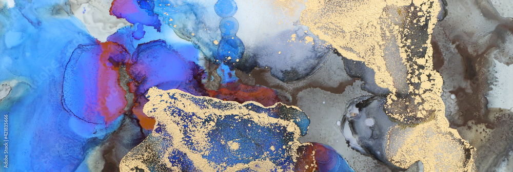 Fototapeta premium art photography of abstract fluid art painting with alcohol ink, blue, black and gold colors