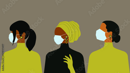 Coronavirus quarantine. Women in medical masks of different nationalities and religions. Women's Day. Modern vector graphics.
