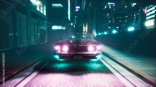 Obraz na plátně A flying car rushes at high speed along the night street of a futuristic city