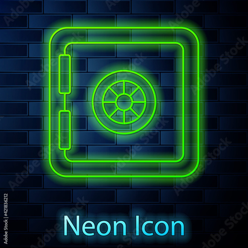 Glowing neon line Safe icon isolated on brick wall background. The door safe a bank vault with a combination lock. Reliable Data Protection. Vector