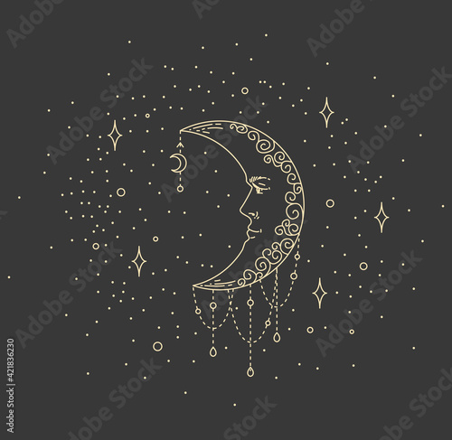 Crescent moon and stars in antique style line art and dotwork vector