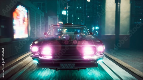 фотографія A flying car rushes at high speed along the night street of a futuristic city