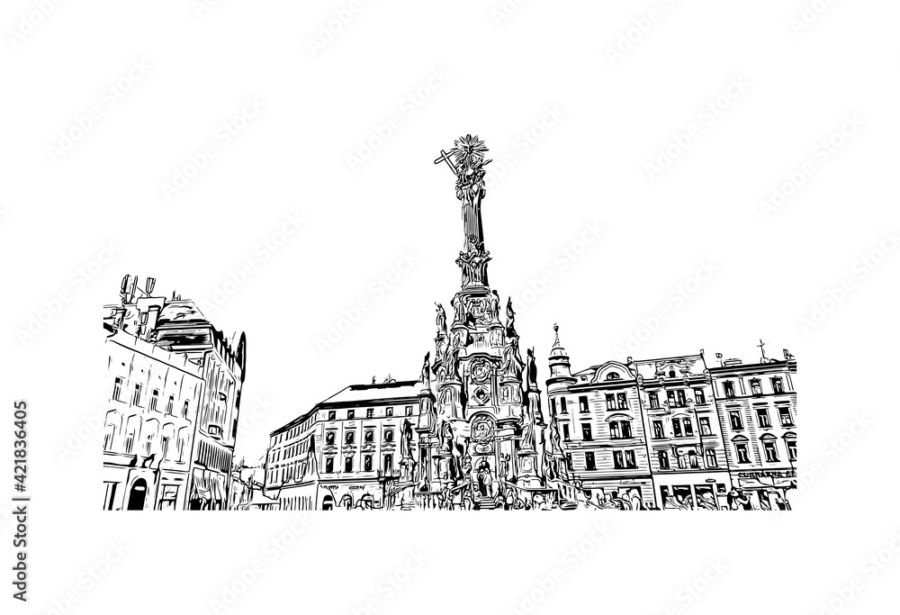 Building view with landmark of Olomouc is the
city in the Czech Republic. Hand drawn sketch illustration in vector.