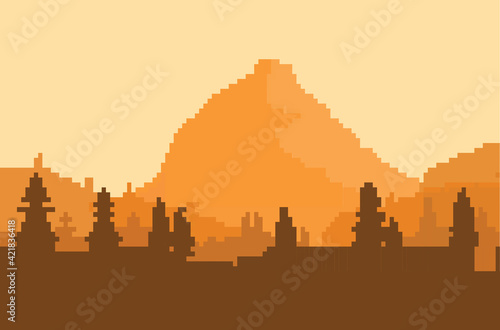 pixel art background  mountains shades in the afternoon with orange sky