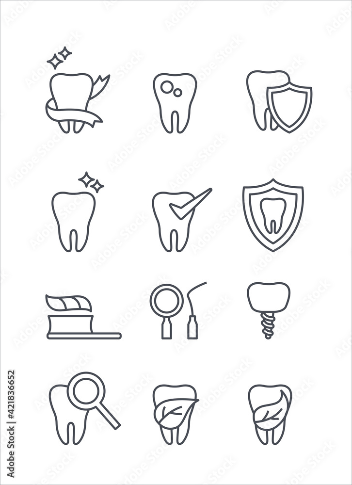 Teeth medicine and dentist thin icons vector set Teeth medicine and dentist thin icons vector set