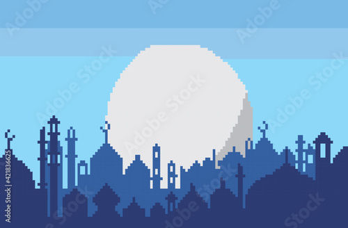 Pixel art ramadan background with mosque building shadows, blue sky and very beautiful moon