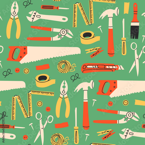 Various working Tools. Different instruments. Construction, Building, repair concept. Screwdriver, saw, brush, hammer, knife, scissors, wrench, etc. Hand drawn Vector seamless Pattern, background
