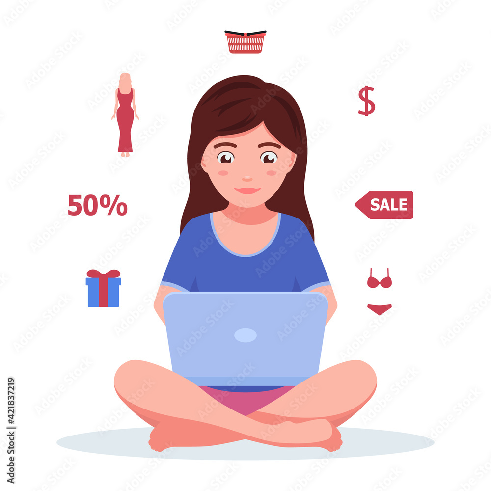 Girl with a laptop looking for online shopping Girl with a laptop looking for online shopping