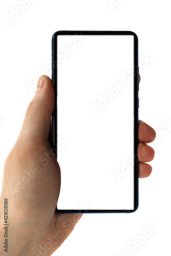 Hand holding black Smartphone with blank screen on white background