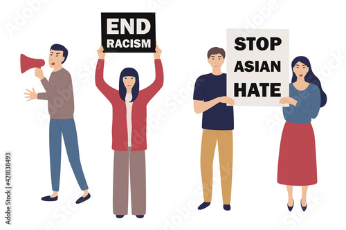 Asian group of people holding protest poster Stop Asian Hate, end racism. Struggle for freedom, independence, equality. Fight for rights. Flat Vector illustration isolated on white background.