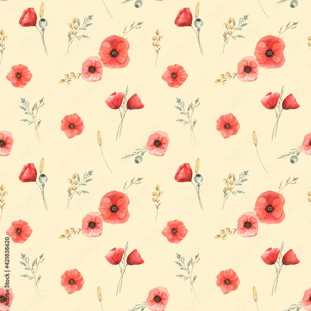 Seamless pattern with red poppies and wild herbs on light yellow background. Watercolor illustration. Cute and elegant design for home decor, fabric, fashion and wrapping paper. 
