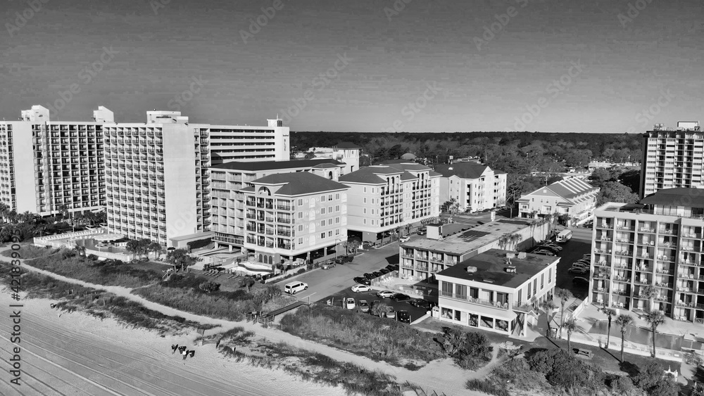 Panoramic aerial view of Myrtle Beach skylineon a sunny day from drone point of view, South Carolina
