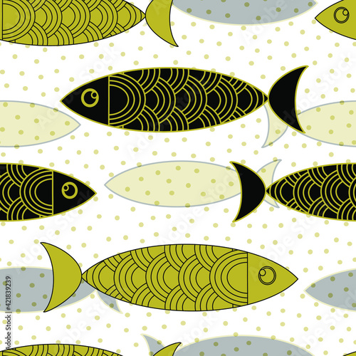 Creative gold and black fish on a white background. Kawaii marine seamless pattern for fabric, paper, packaging, design, interior, kids decor. Vector graphics.