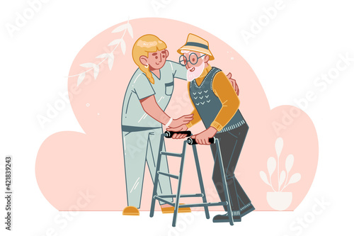 Elderly Care Concept. A social worker or volunteer helps an older man walk. Help and care for seniors with disabilities  in a nursing home. Assistance to senior people at home.