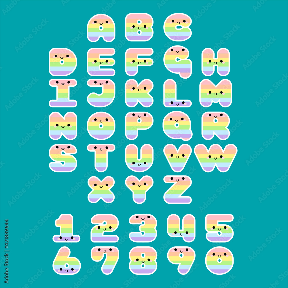 Rainbow alphabet set smiling face with eyes and mouth on pink background. Colorful ABC design for book cover, poster, card, print on baby's clothes, pillow etc. Vector illustration. Rainbow alphabet set smiling face with eyes and mouth on pink background. Colorful ABC design for book cover, poster, card, print on baby's clothes, pillow etc. Vector illustration.