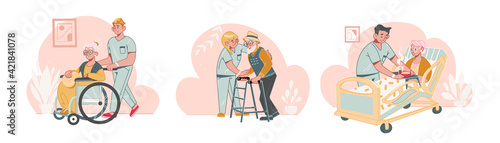 Elderly Care Concept. Social volunteers help senior people in a nursing home. Help for seniors with disabilities and diversity. Set of hand drawn vector illustrations isolated on white background.