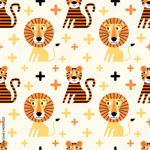 Vector seamless pattern with circus lion and tiger, decoration. Illustration for kids textile, wrapping paper.